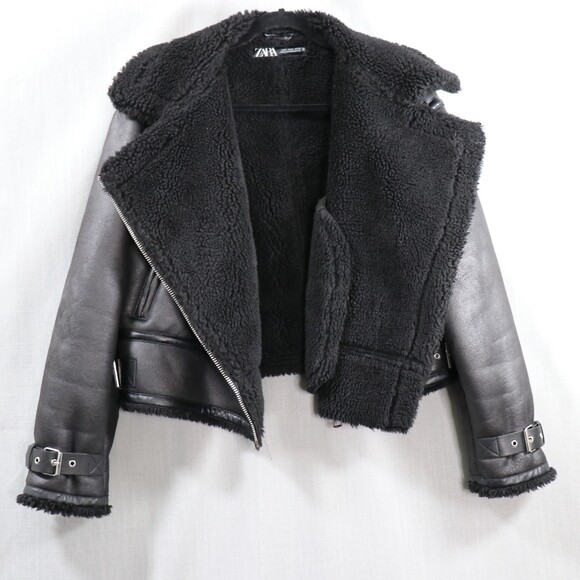 ZARA Aviator Biker Jacket Womens M Faux Leather Shearling Lined Moto Zip Black - Picture 7 of 16